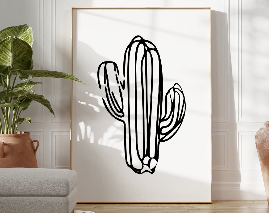 Black and White Cactus Line Art Minimalist Botanical Drawing Poster