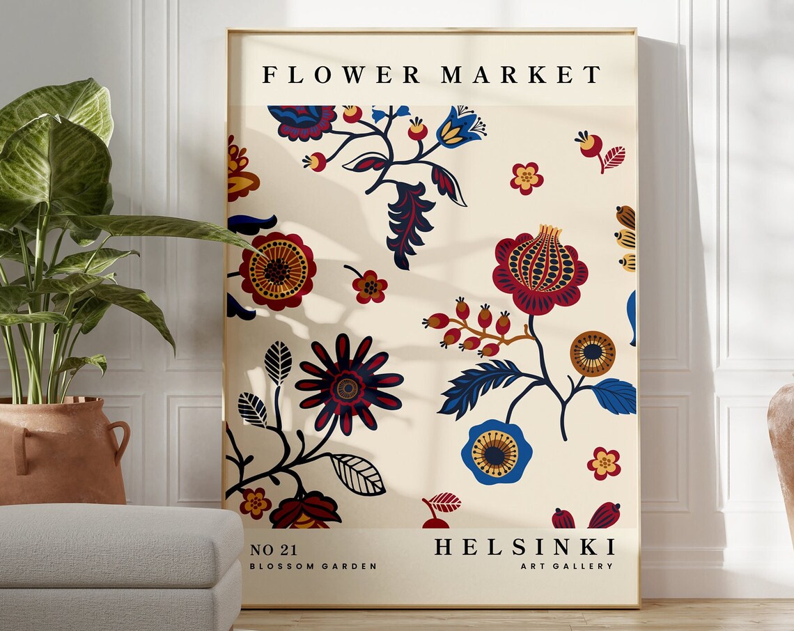 Helsinki Flower Market No 21 Folk Art Inspired Floral Garden Art Poster