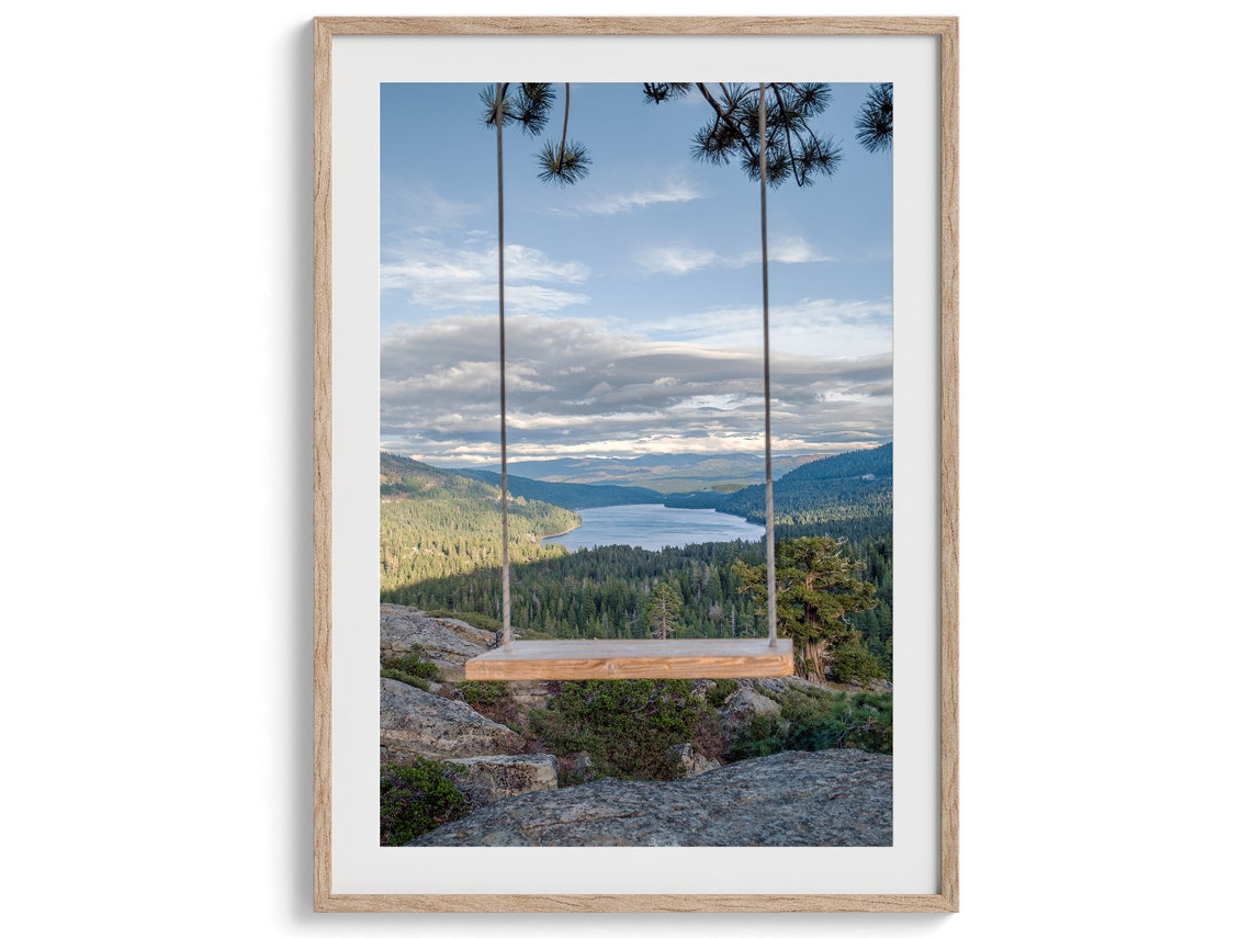 Sierra Mountain Lake View Wooden Swing Overlook Pine Forest Poster