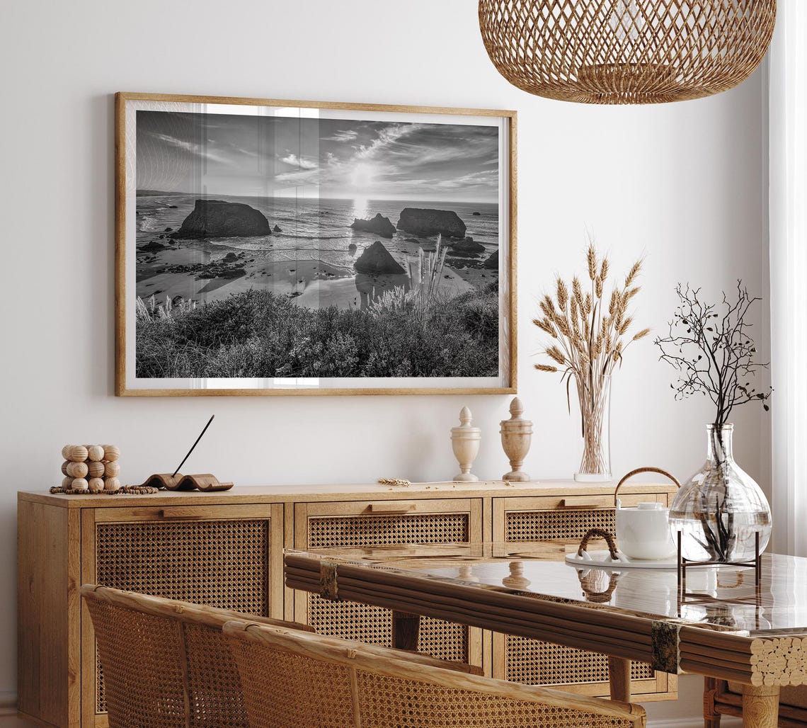 Black And White Coast Sunset Sea Stacks Moody Ocean Beach Poster - Image 4