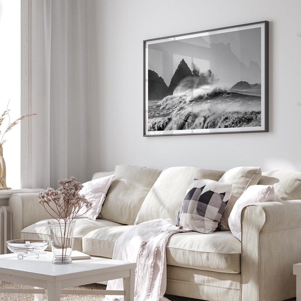 Black And White Crashing Ocean Waves Sea Stacks Moody Coastal Poster - Image 3