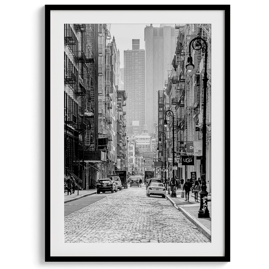 New York City Cobblestone Street Fire Escapes Black And White Poster