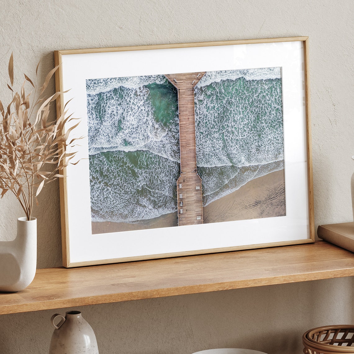 Aerial Beach Pier Ocean Surf Overhead Drone Beachscape View Poster - Image 2