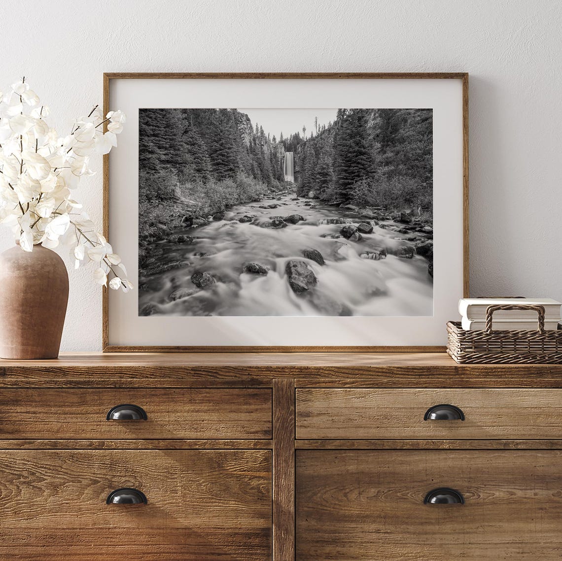 Tumalo Falls Oregon Waterfall Forest Stream Black And White Poster - Image 3