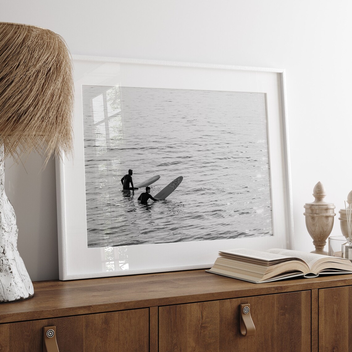 Black And White Surfers Waiting Ocean Longboard Surf Photo Poster - Image 5