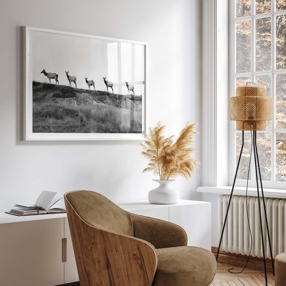 Elk Herd Foggy Meadow Minimalist Black And White Wildlife Poster - Image 5