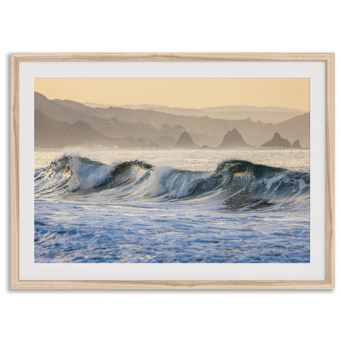 Breaking Ocean Wave Golden Hour Sea Stacks Misty Coast Seascape Poster