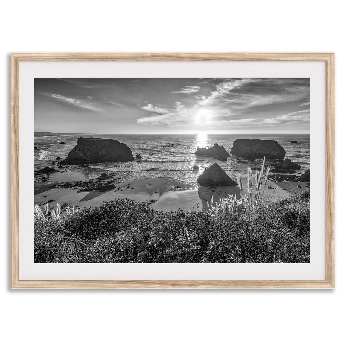 Black And White Coast Sunset Sea Stacks Moody Ocean Beach Poster