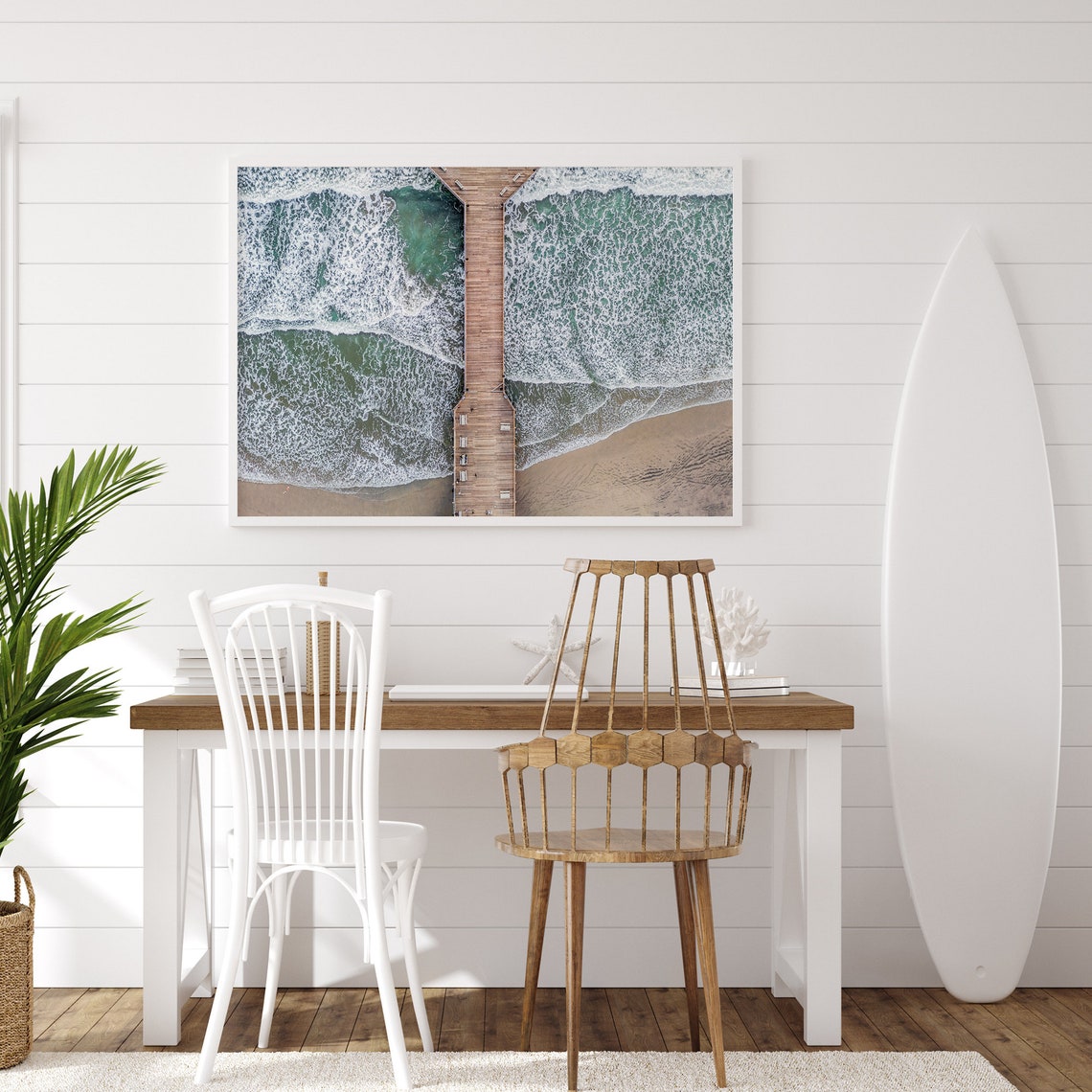 Aerial Beach Pier Ocean Surf Overhead Drone Beachscape View Poster - Image 3
