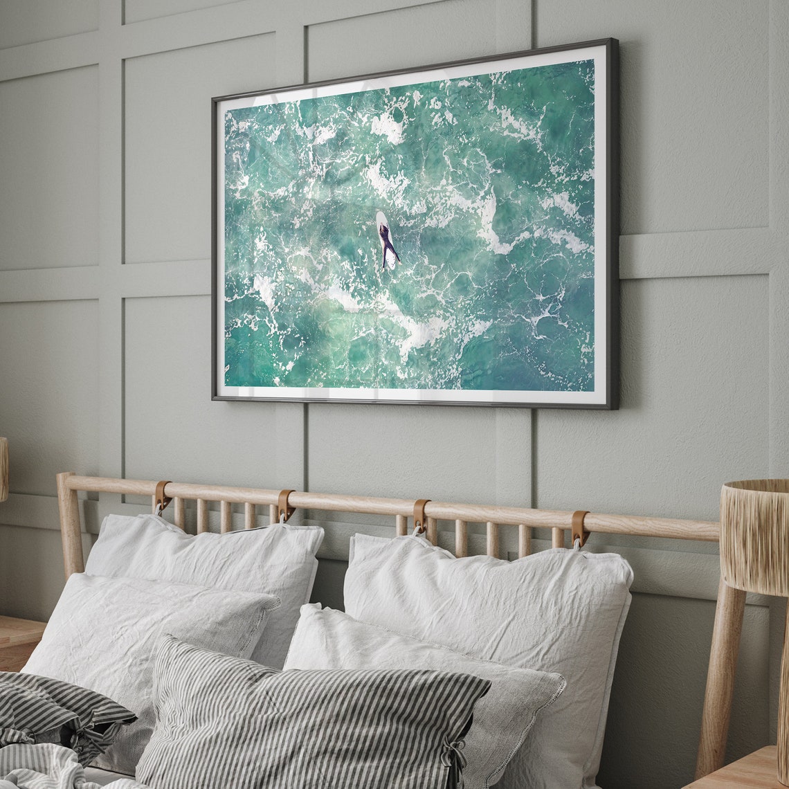 Aerial Surfer Paddling Turquoise Ocean Overhead Surf Board View Poster - Image 4