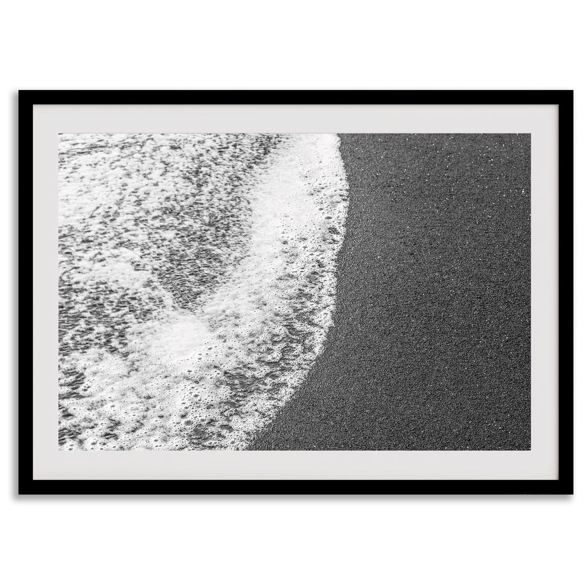 Black And White Ocean Wave Foam On Dark Sand Beach Minimalist Poster