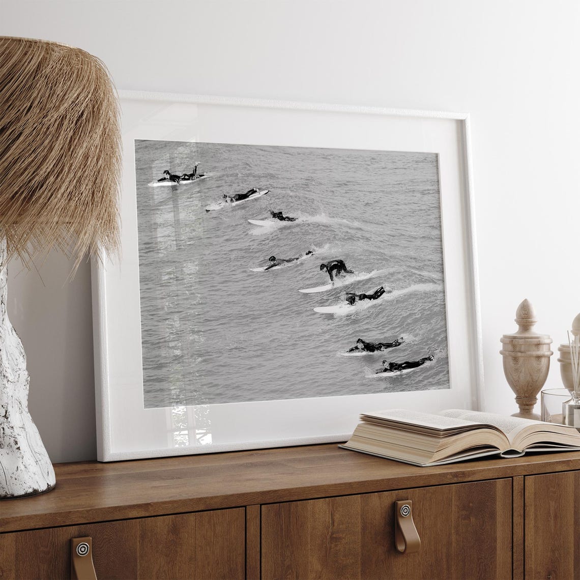 Surfers Paddling Lineup Wetsuits Black And White Ocean Wave Poster - Image 2