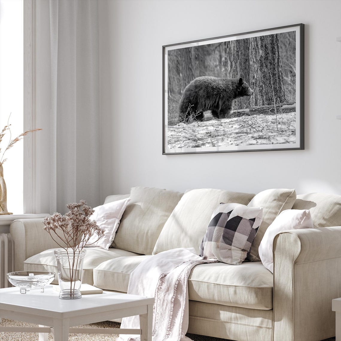 Black Bear Walking Snowy Forest Black And White Wildlife Art Poster - Image 3