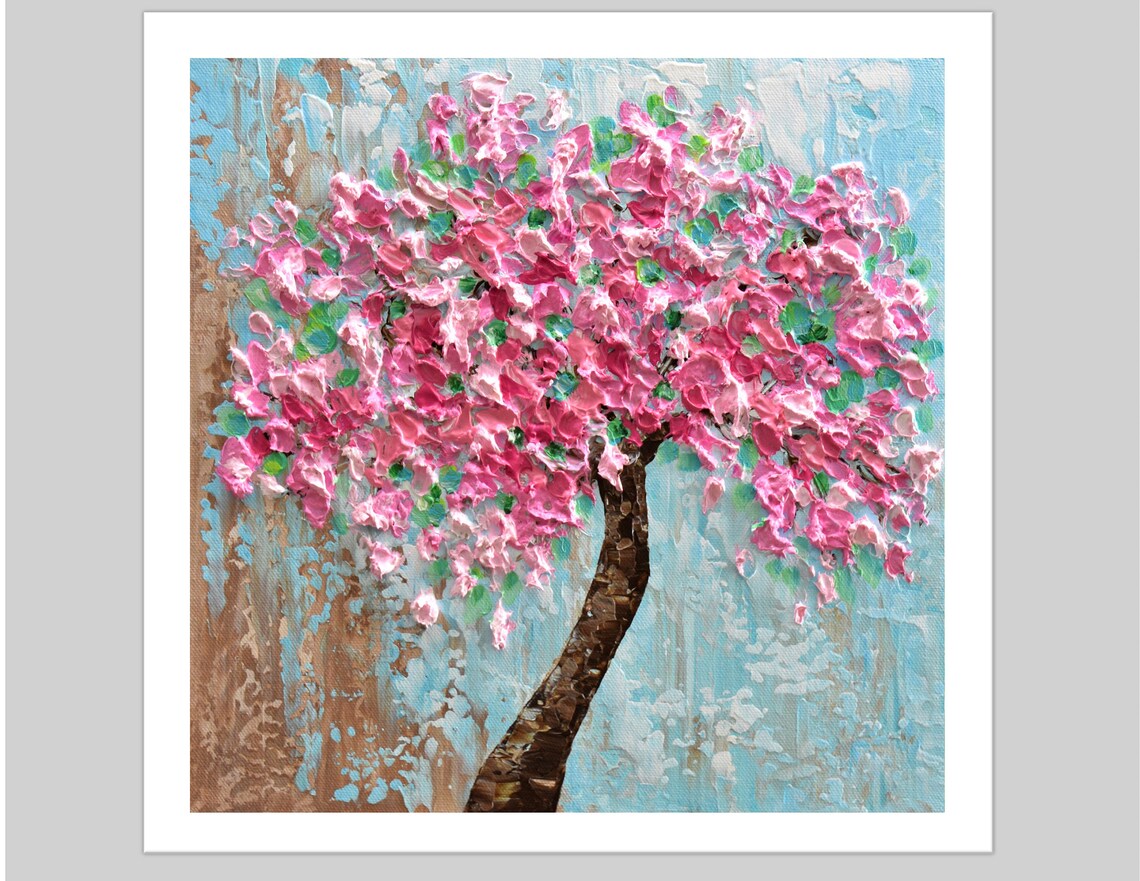 Cherry Blossom Tree Print Pink Blooming Tree Wall Art Impasto Painting Gift For Her