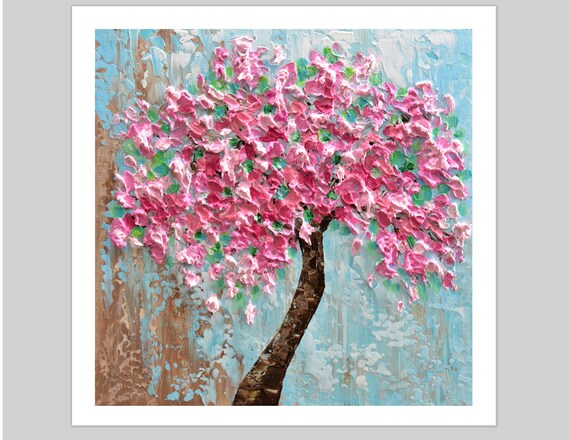 Cherry Blossom Tree Print Pink Blooming Tree Wall Art Impasto Painting Gift For Her