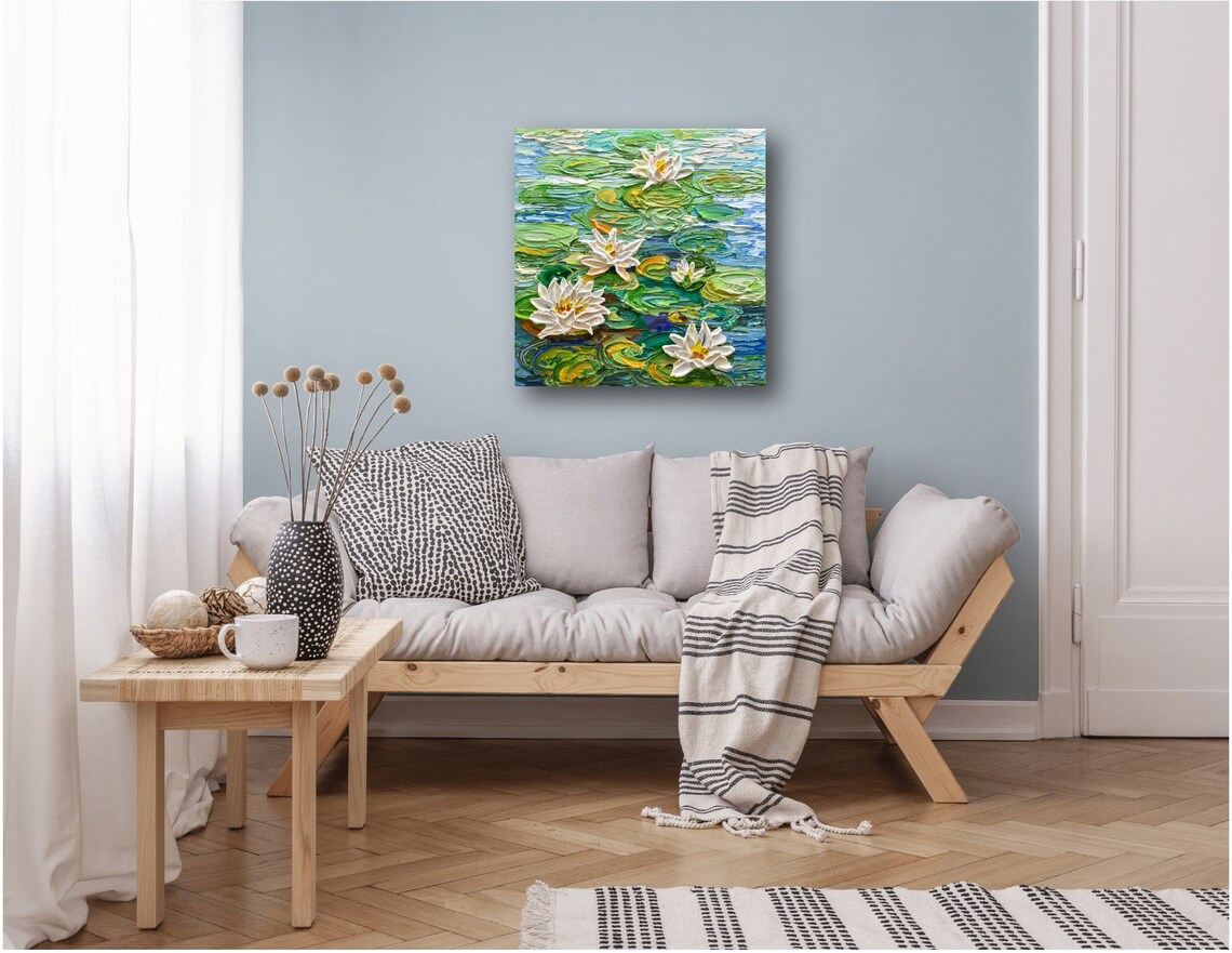 White Water Lilies, Impasto Floral Wall Art Print - Image 2