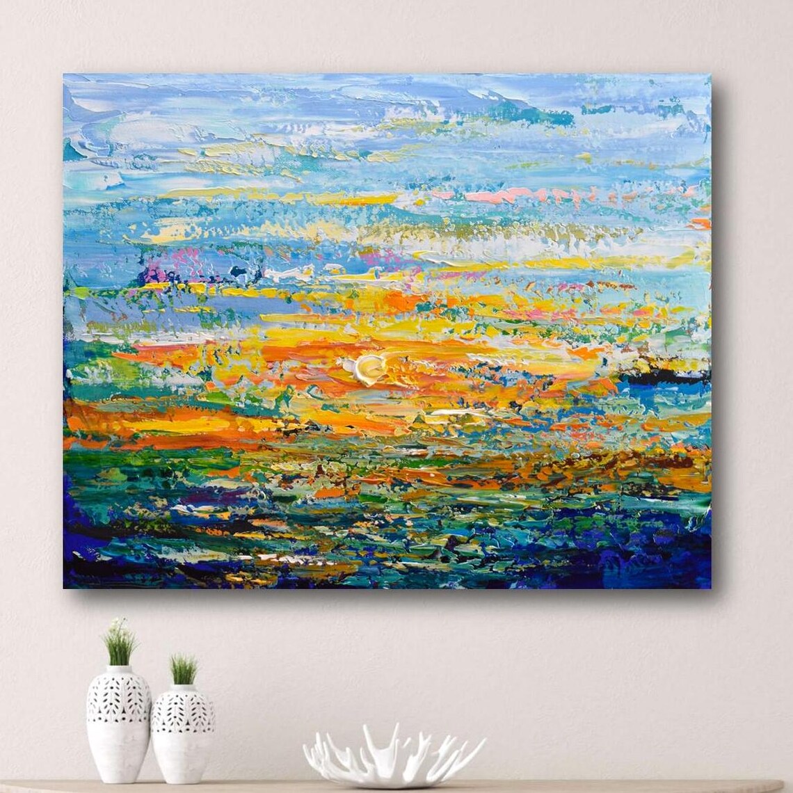 Blue Orange Sunset Seascape Abstract Painting Textured Ocean Art Poster