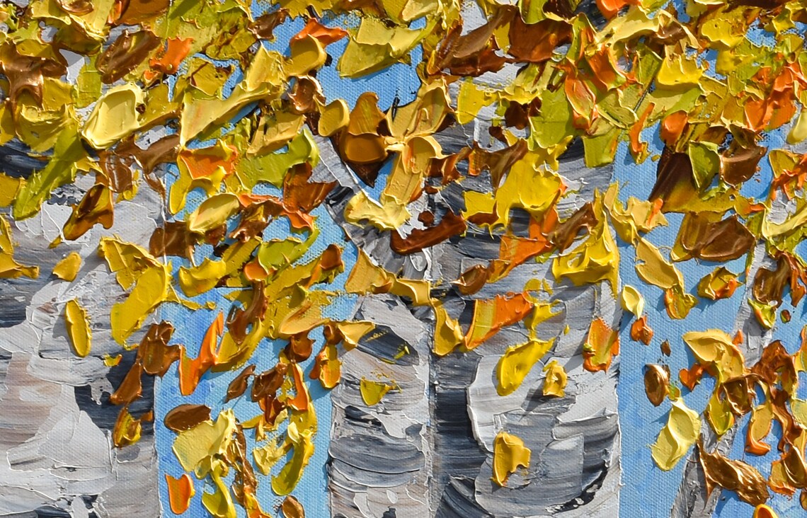Golden Yellow Birch Forest Painting Textured Original Palette Knife Artwork Fall Landscape Art - Image 3