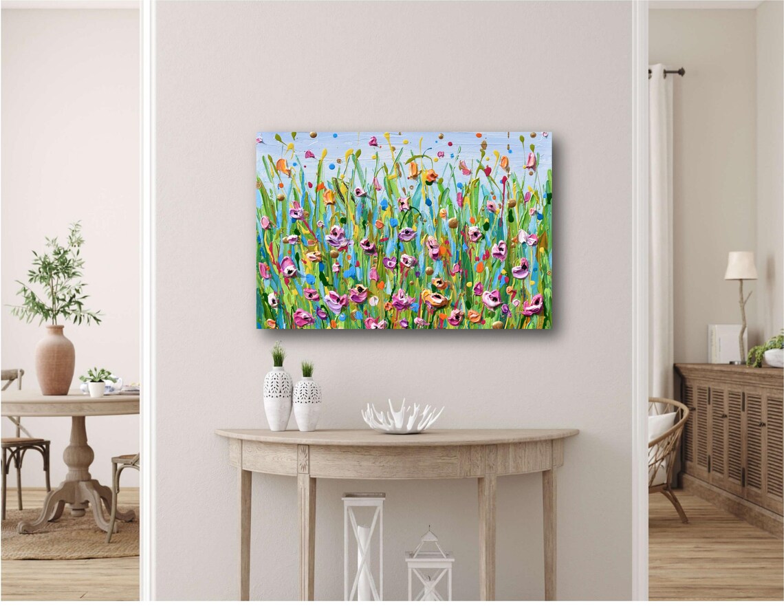 Pink Purple Tulip Meadow Green Grass Blue Sky Impasto Art Print - Image 3