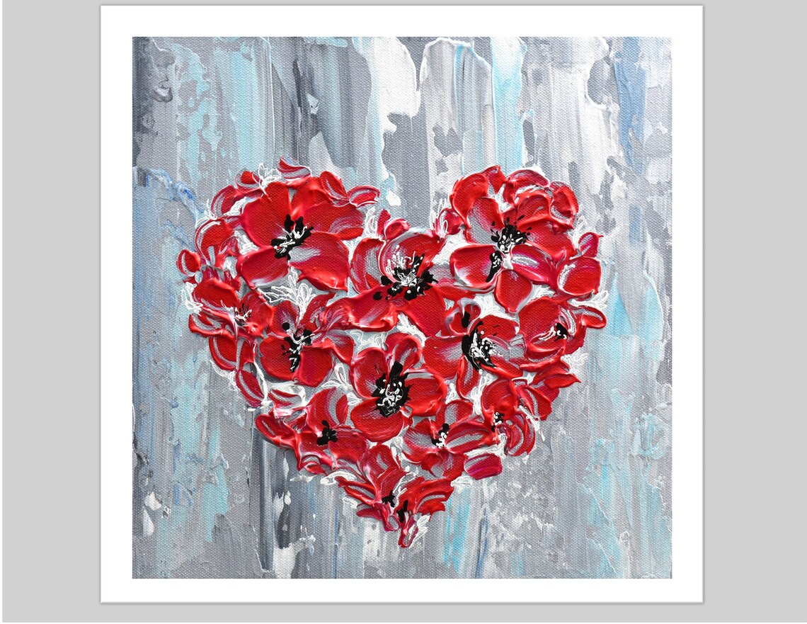 Red Floral Heart Painting Blossoms on Gray Love Valentine Art Poster