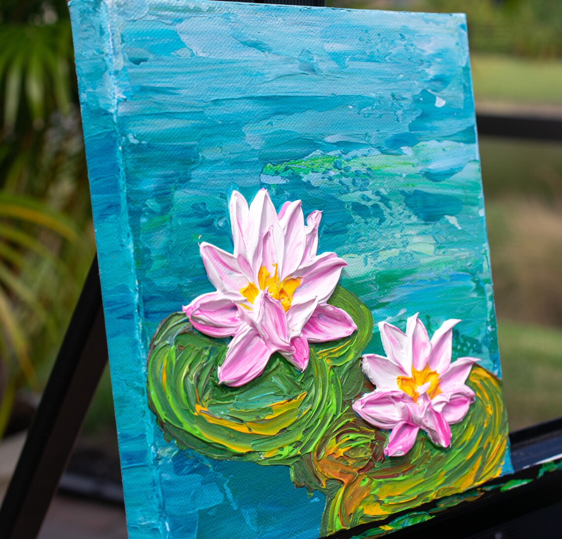 Pink Waterlilies Painting Pond Flowers Impasto Floral Wall Art Poster - Image 3
