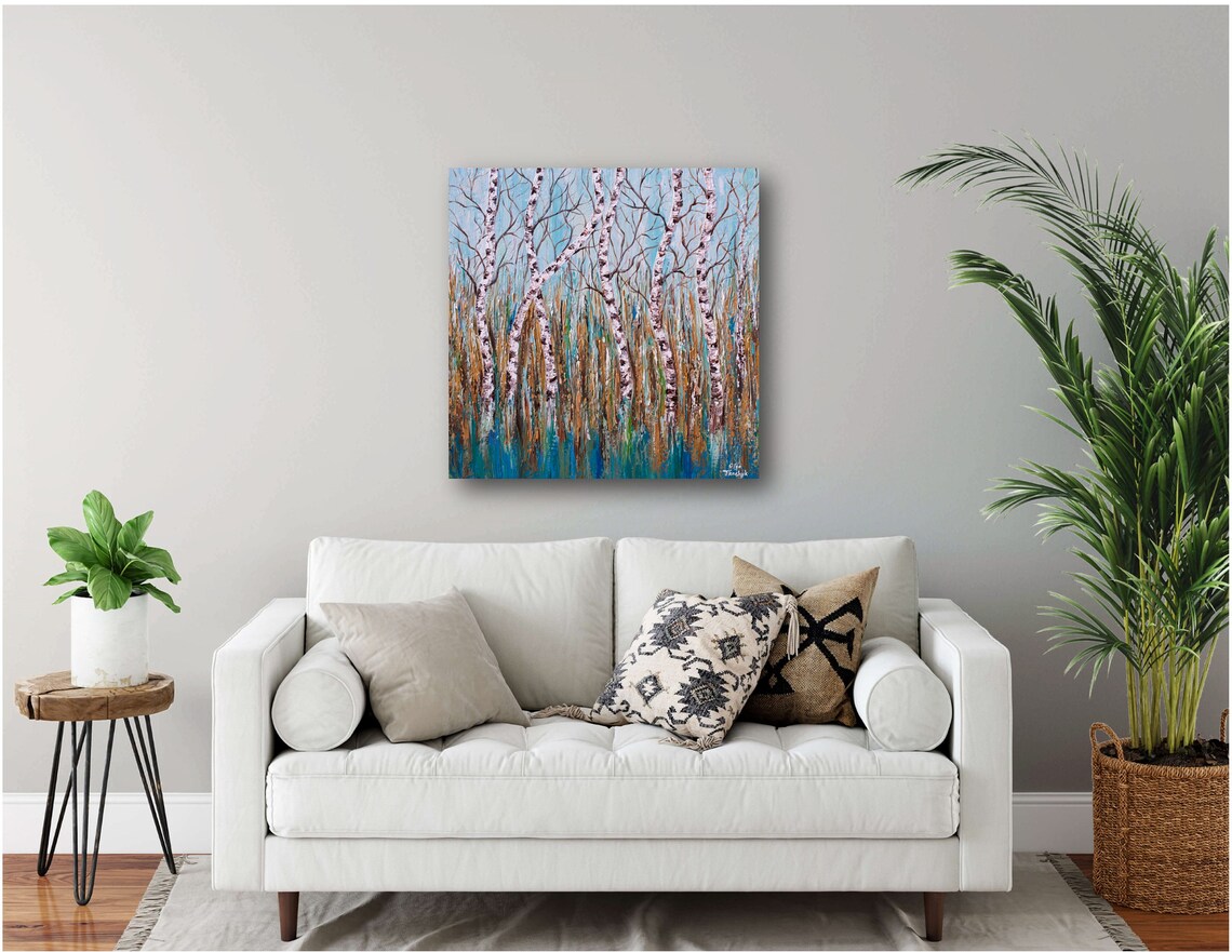 Birch Tree Forest Painting On Blue Brown Gold Palette Knife Art Original Large Landscape Artwork - Image 2