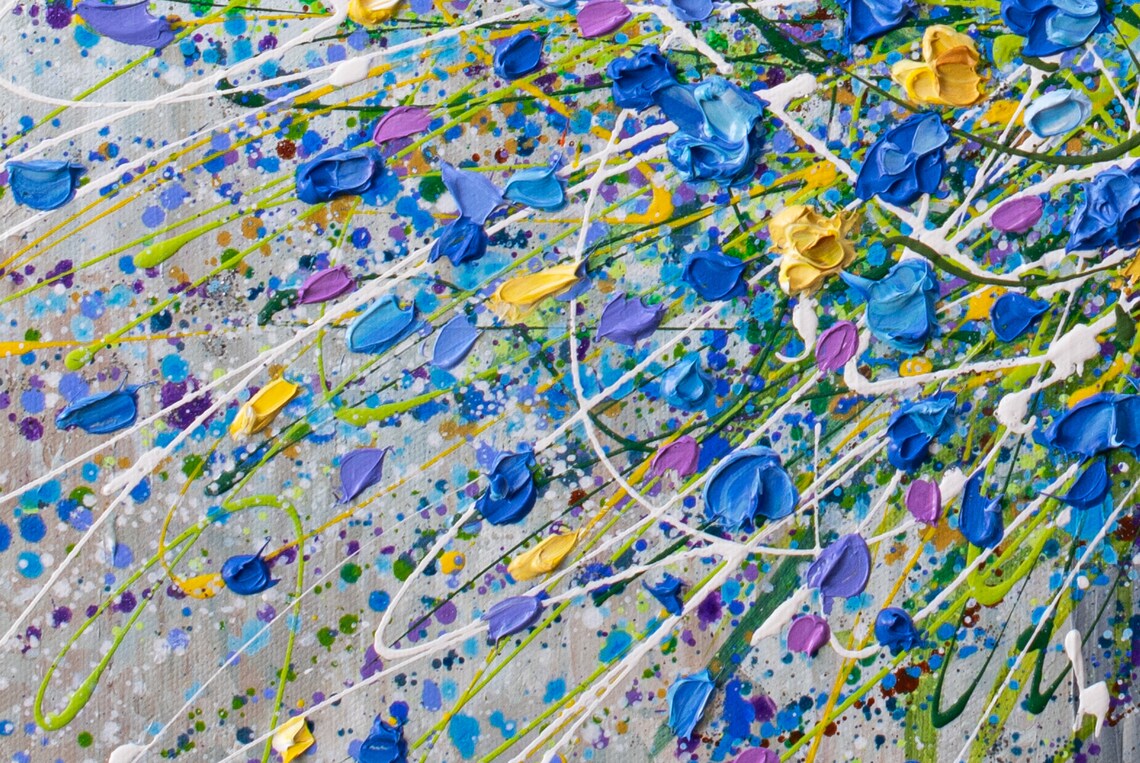 Blue Yellow Flower Bouquet Abstract Vase Splatter Colorful Art Poster - Image 3