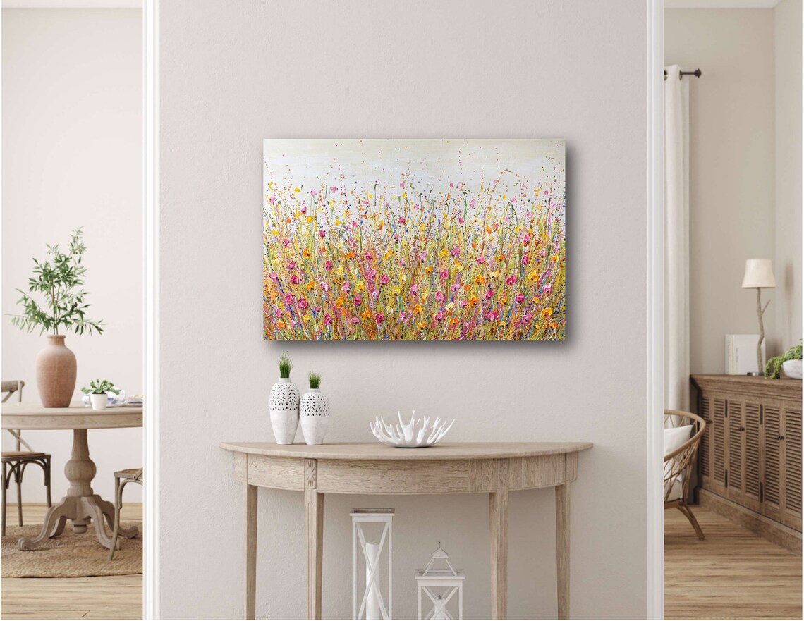 Pink Yellow Wildflower Field Panoramic White Meadow Splatter Poster - Image 3