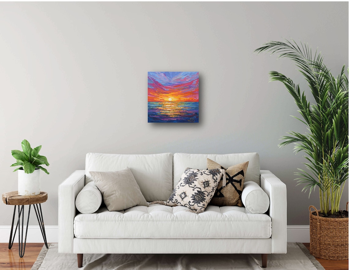 Vivid Sunset Over Ocean Waves Orange Pink Sky Impasto Seascape Art Print - Image 2