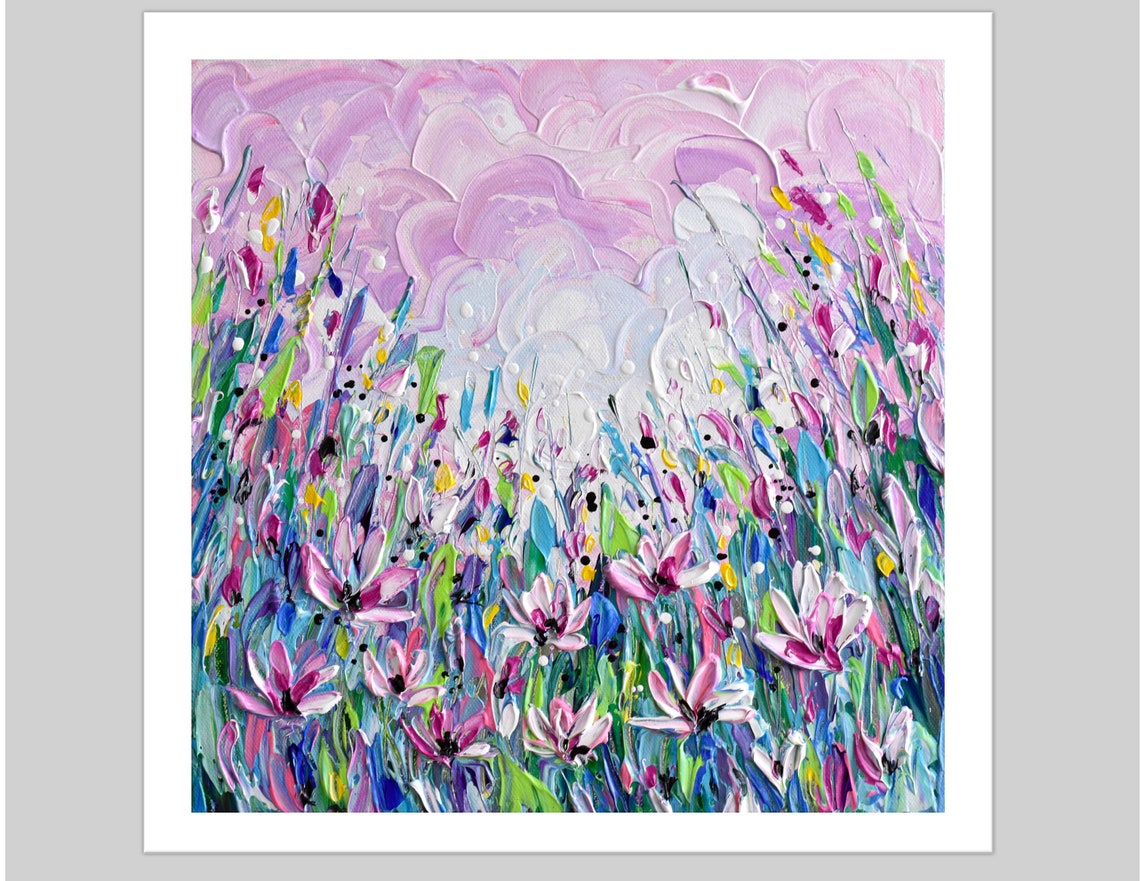 Pink Wildflower Meadow Painting Dreamy Sky Impasto Floral Art Poster