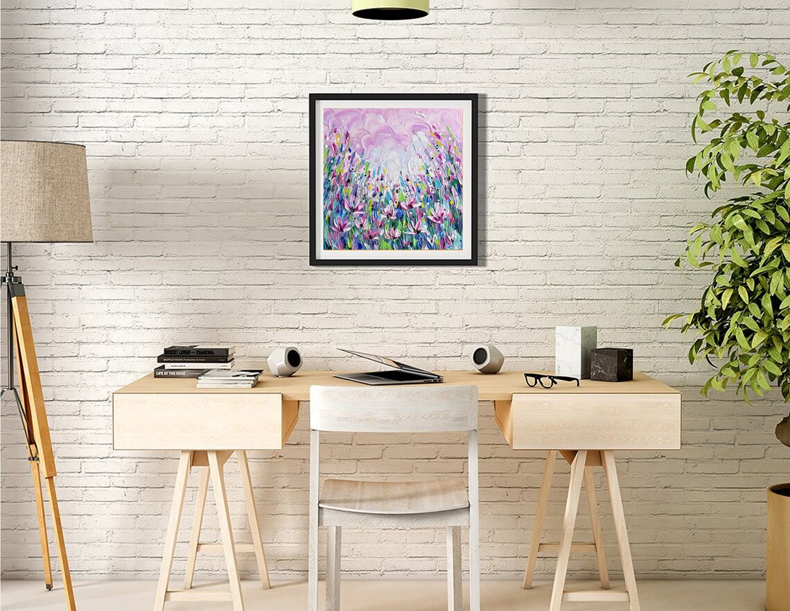 Pink Wildflower Meadow Painting Dreamy Sky Impasto Floral Art Poster - Image 2