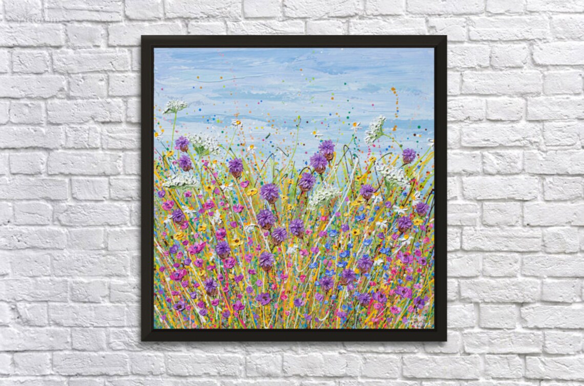 Purple Cornflower White Laceflower Meadow Square Impasto Art Print - Image 3