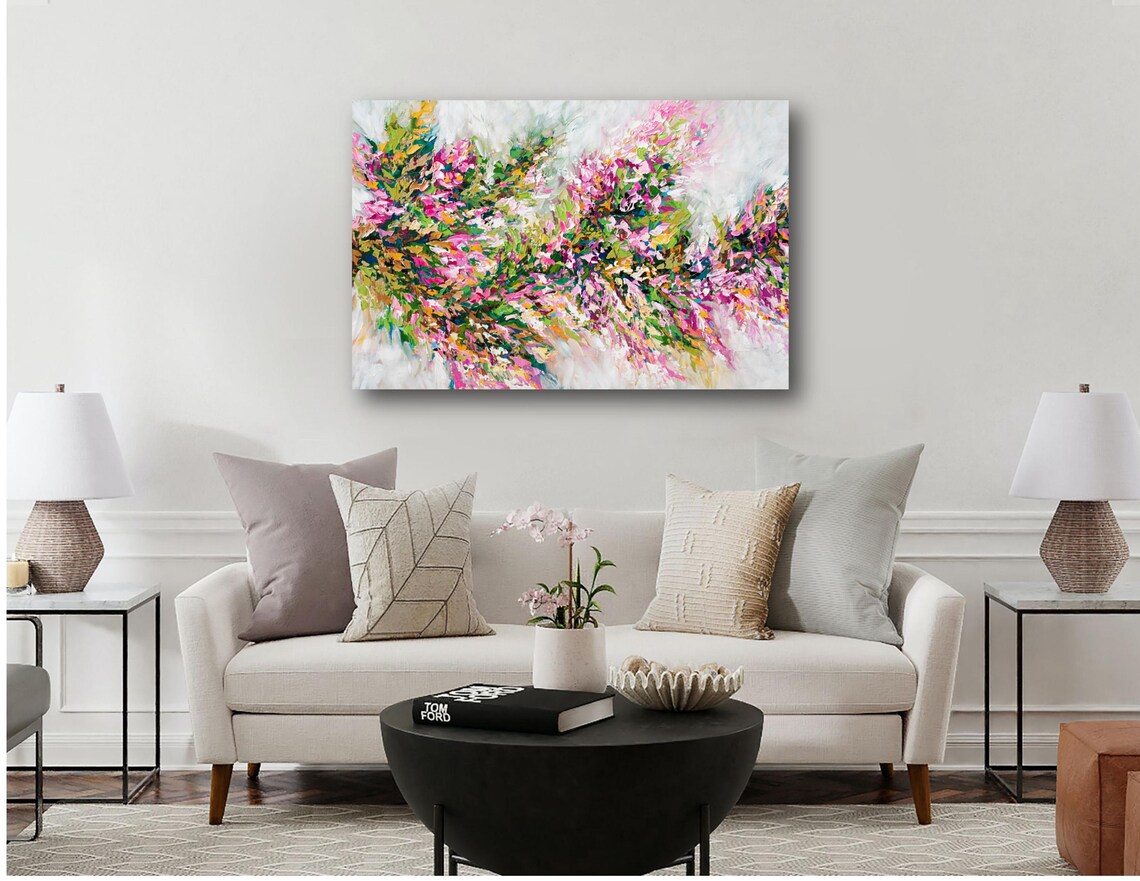 Abstract Cherry Blossom Print Large Pink Green Modern Wall Art Decor Nature Giclee Fine Art Print