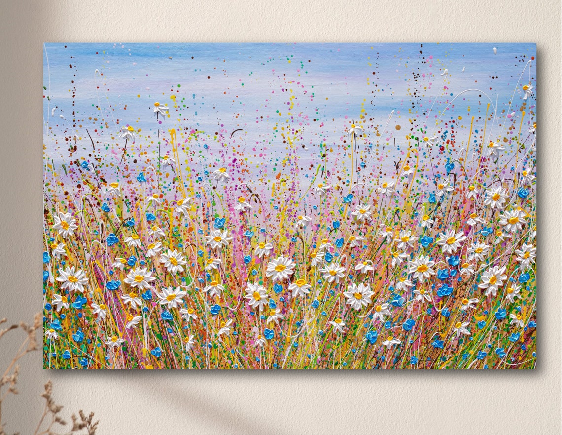 White Daisy Blue Wildflower Meadow Colorful Spring Impasto Art Print