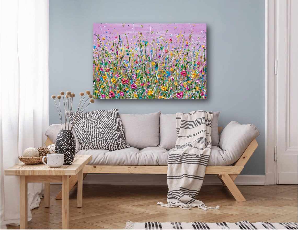 Pink Wildflower Field Magenta Sky Yellow Blooms Impasto Art Print - Image 2