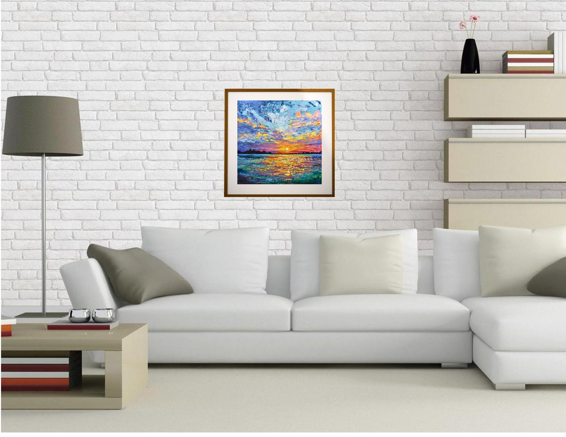 Ocean Sunset Painting Framed Square Golden Reflection Sky Art Poster - Image 2