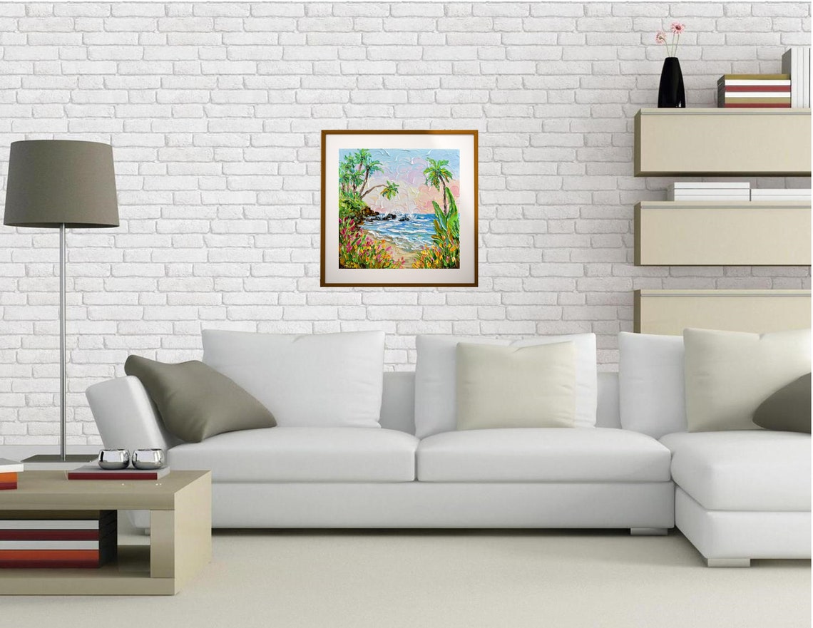 Tropical Beach Sunset Painting Palm Trees Flowers Ocean Art Poster - Image 2