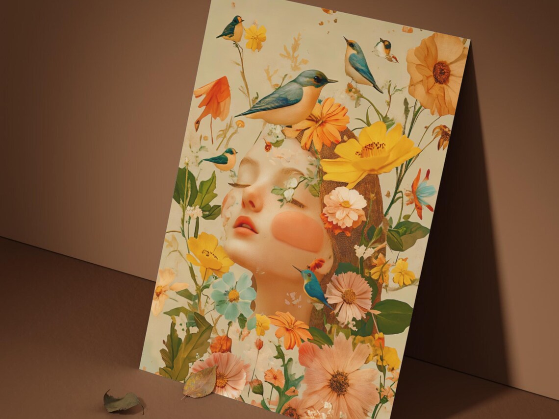 Vintage Floral Lady Portrait Yellow Poppies Birds Art Poster - Image 4