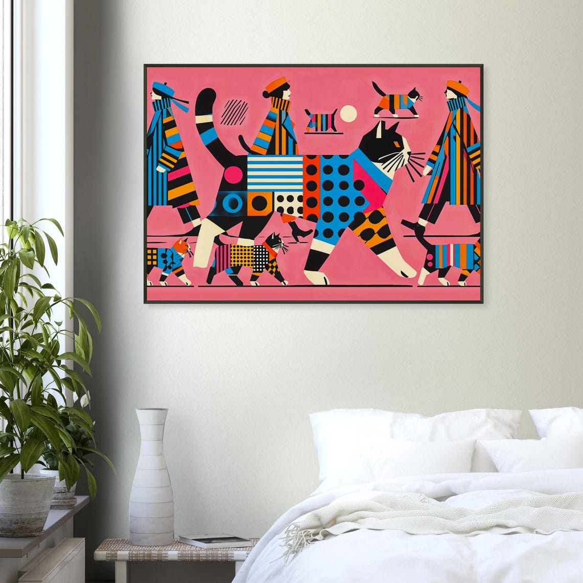 Women Strolling with Giant Patchwork Cat Pink Pop Art Poster - Image 4