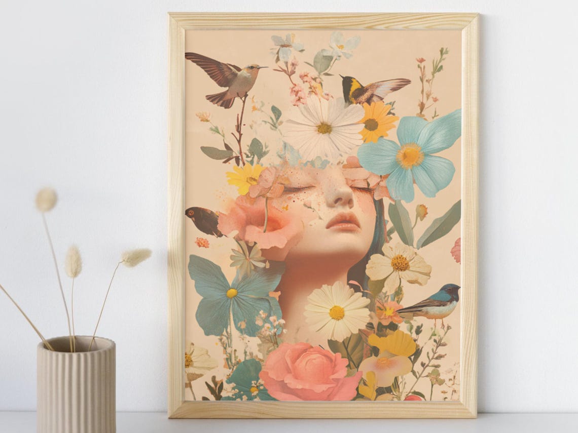 Vintage Floral Lady Portrait Butterflies Birds Boho Art Poster
