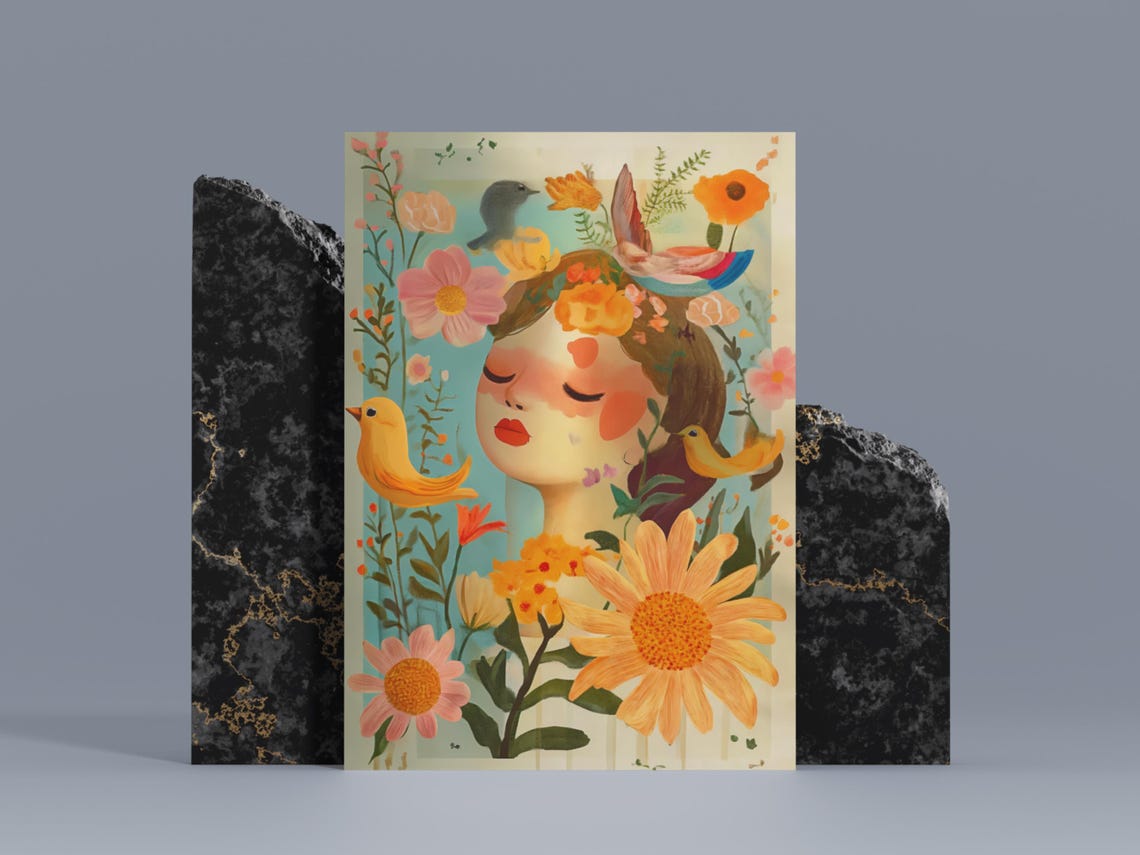 Vintage Floral Lady Portrait With Bright Songbirds Boho Art Poster - Image 2