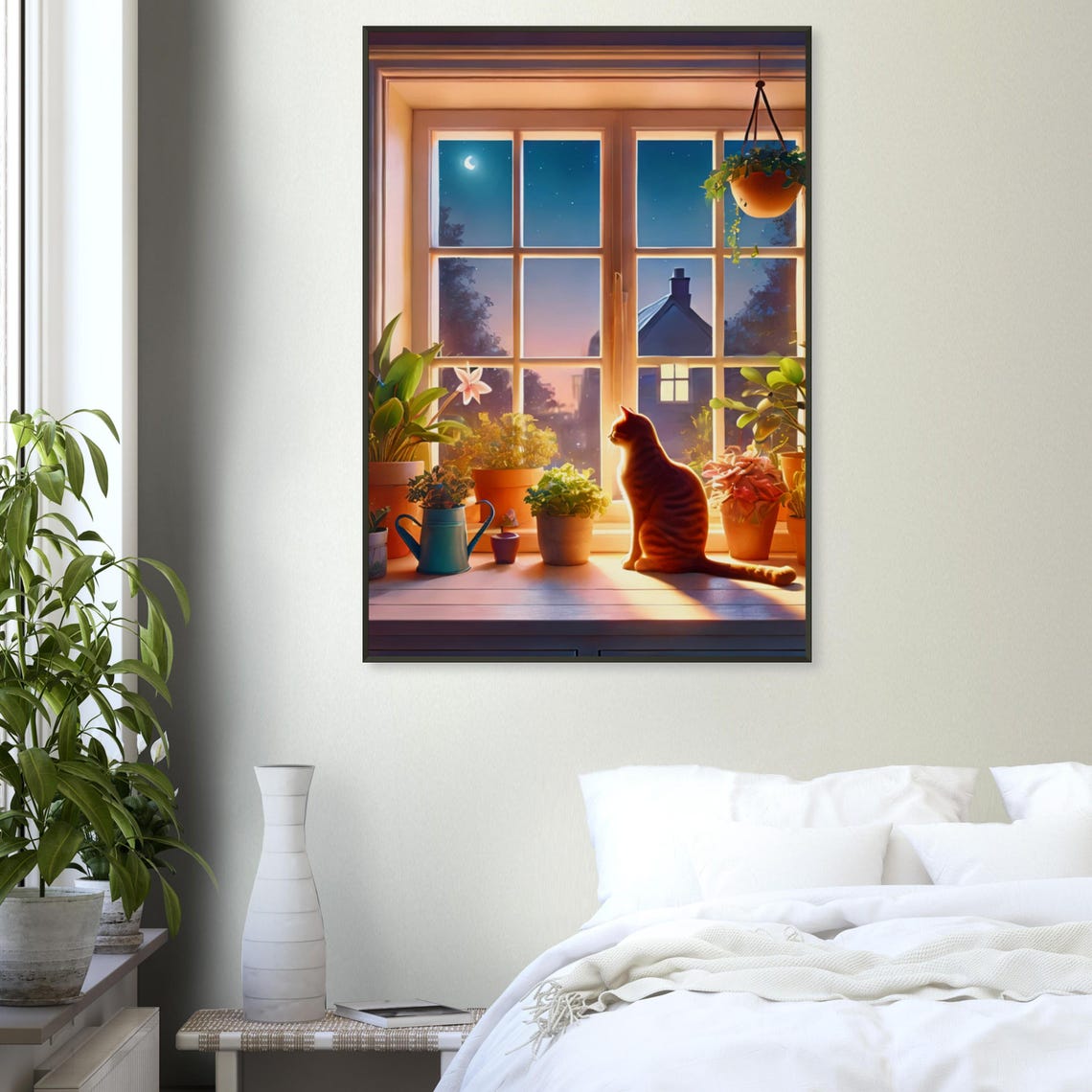 Ginger Tabby Cat Moonlit Night Window Plants Illustration Poster - Image 3
