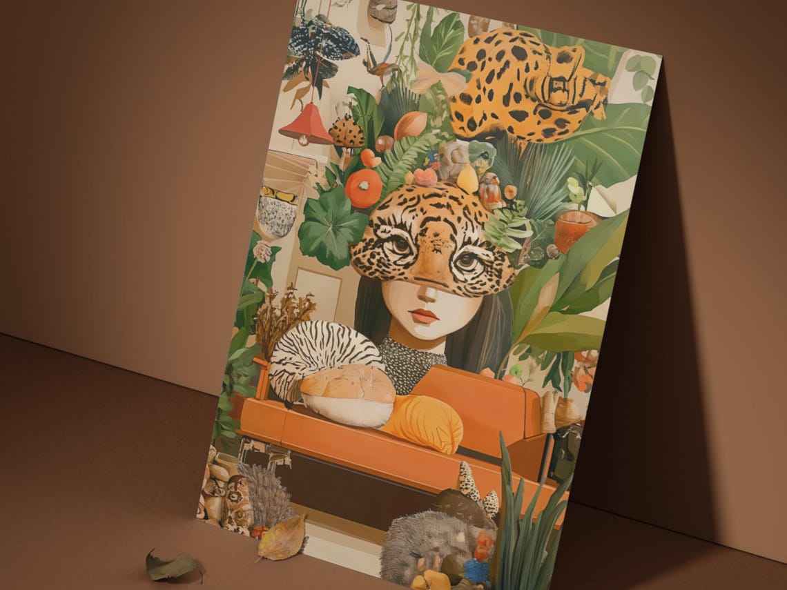 Surreal Leopard Woman Lush Jungle Interior Maximalist Art Poster - Image 4
