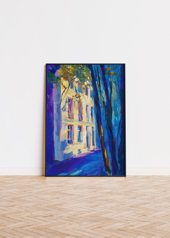 Blue Abstract European Building Street Oil Painting Art Poster