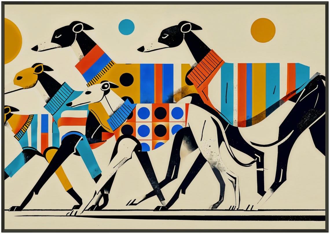 Trio of Greyhounds Colorful Patchwork Geometric Pattern Dog Poster
