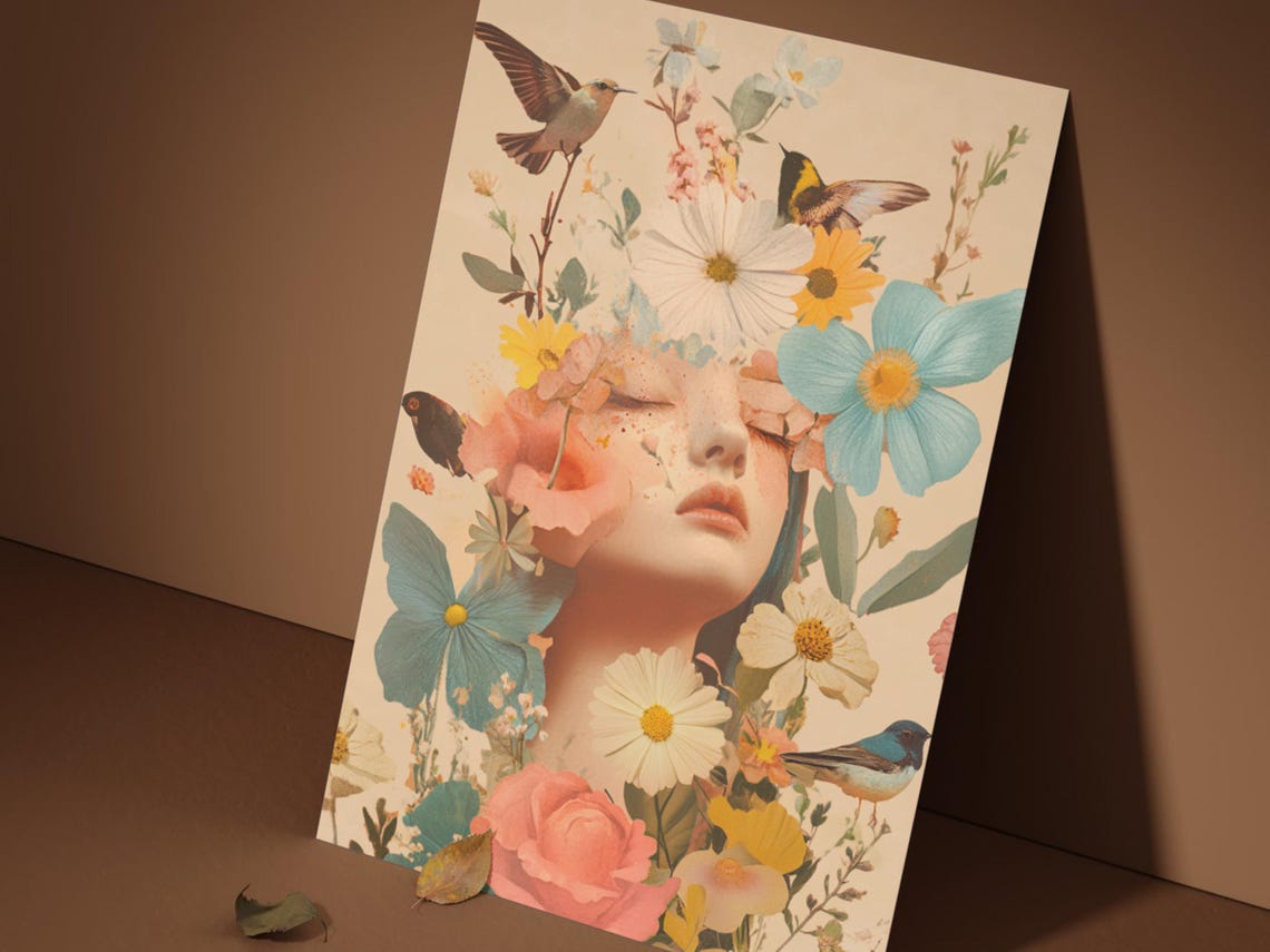 Vintage Floral Lady Portrait Butterflies Birds Boho Art Poster - Image 4