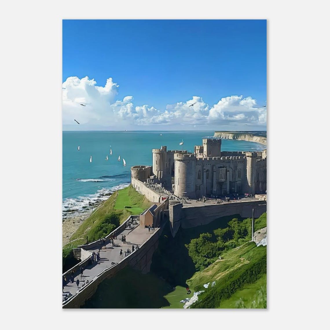 Medieval English Castle on White Cliffs Seaside Coastline Poster
