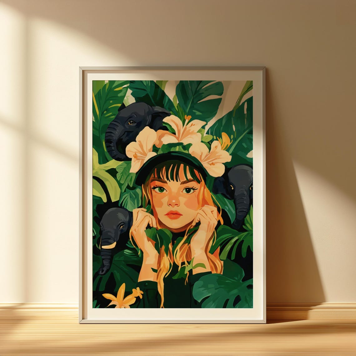 Tropical Jungle Woman With Gentle Elephants Maximalist Art Poster - Image 4