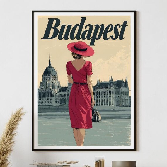 Budapest Hungary Vintage Travel Poster Woman In Red Dress And Hat