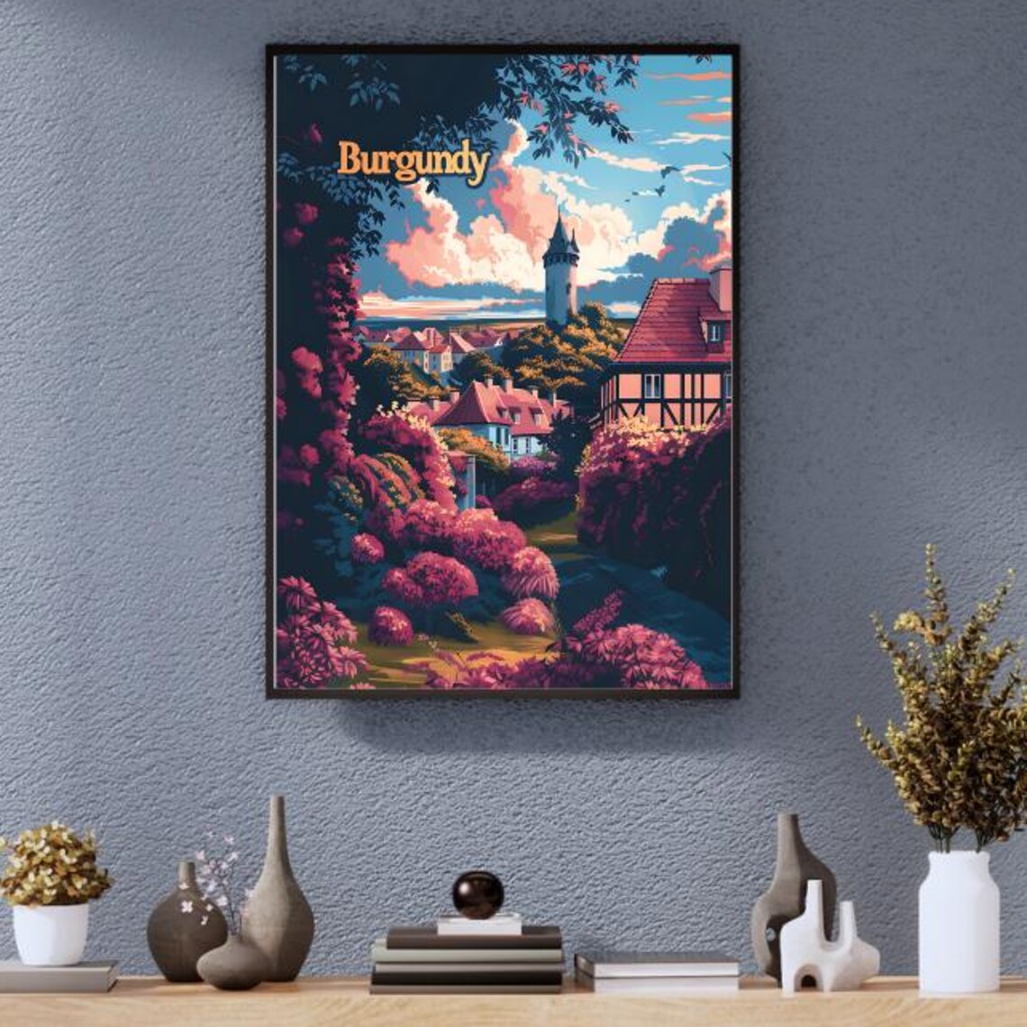Burgundy France Medieval Village Tower Pink Foliage Travel Poster
